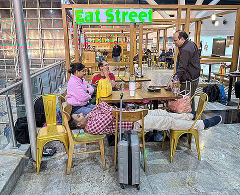 Stranded passengers at Swami Vivekananda Airport, in Raipur, Chhattisgarh. Passengers were left stranded as IndiGo cancelled numerous flights while struggling to meet new crew rostering rules, a day after it scrapped several services and announced schedule adjustments.
