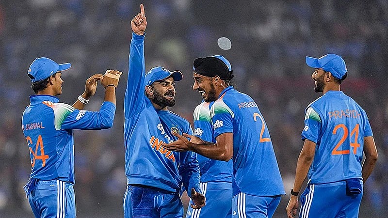Virat Kohli celebrates the dismissal of Quinton de Kock with teammates during the second ODI between India and South Africa in Raipur. - AP