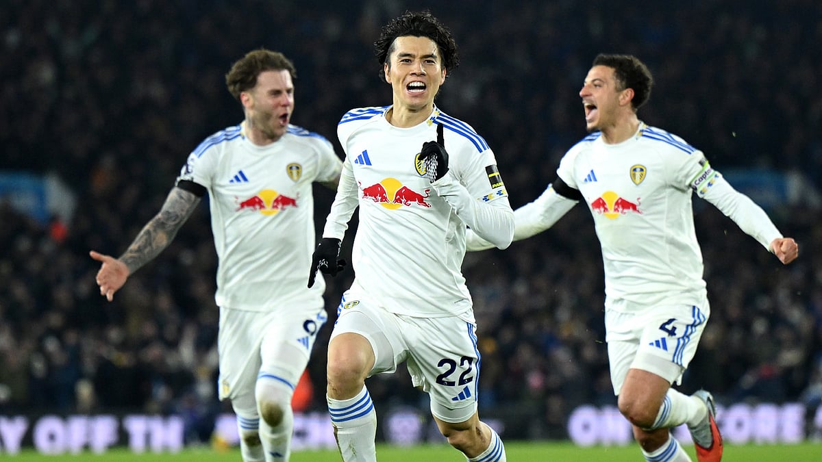 Leeds United's Ao Tanaka celebrates goal during the English Premier League match against Chelsea on December 4, 2025. - null
