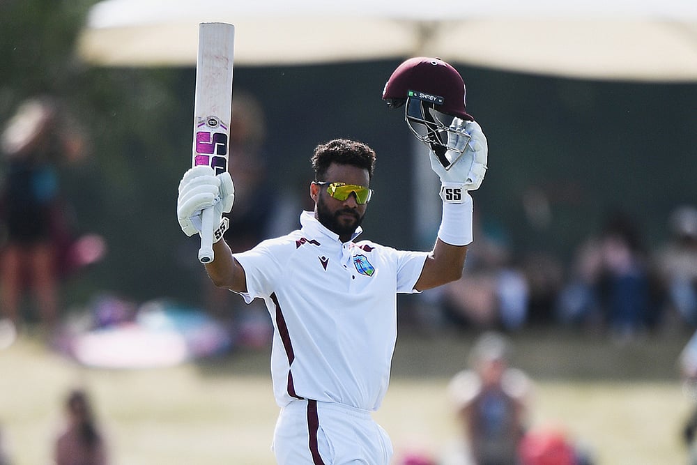 West Indies' Shai Hope celebrates scoring 100 runs against New Zealand on Day 4 of their cricket test match in Christchurch, New Zealand. - | Photo: Chris Symes/Photosport via AP