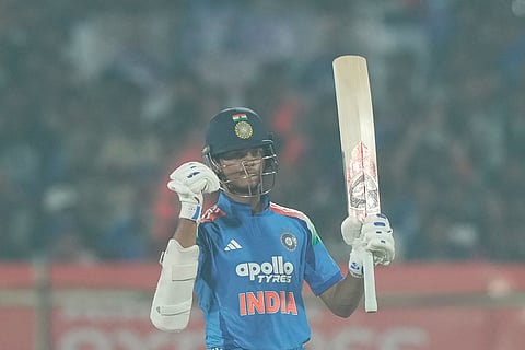 India's Yashasvi Jaiswal celebrates his fifty runs during the third One Day International cricket match between India and South Africa in Visakhapatnam.