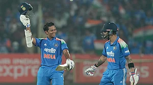 Photo: AP : India Vs South Africa, 3rd ODI Highlights: Yashasvi Jaiswal, left, celebrates his century with Virat Kohli in Visakhapatnam.