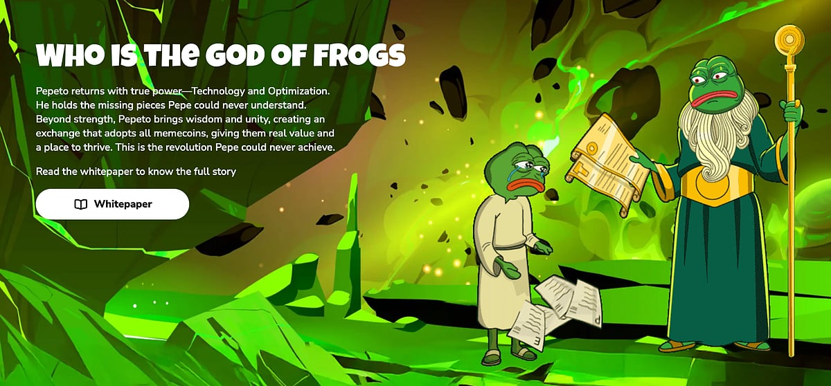 Cartoon frog characters in a green fantasy scene with text about the ‘God of Frogs.