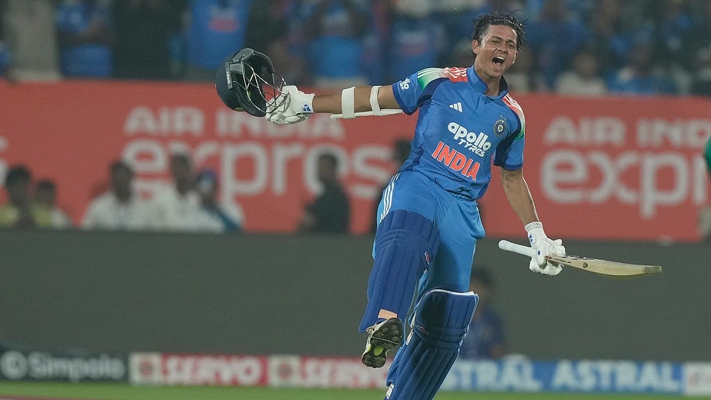 India's Yashasvi Jaiswal celebrates his century during the third One Day International cricket match between India and South Africa in Visakhapatnam. - AP