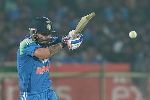India's Virat Kohli plays a shot during the third One Day International cricket match between India and South Africa in Visakhapatnam.