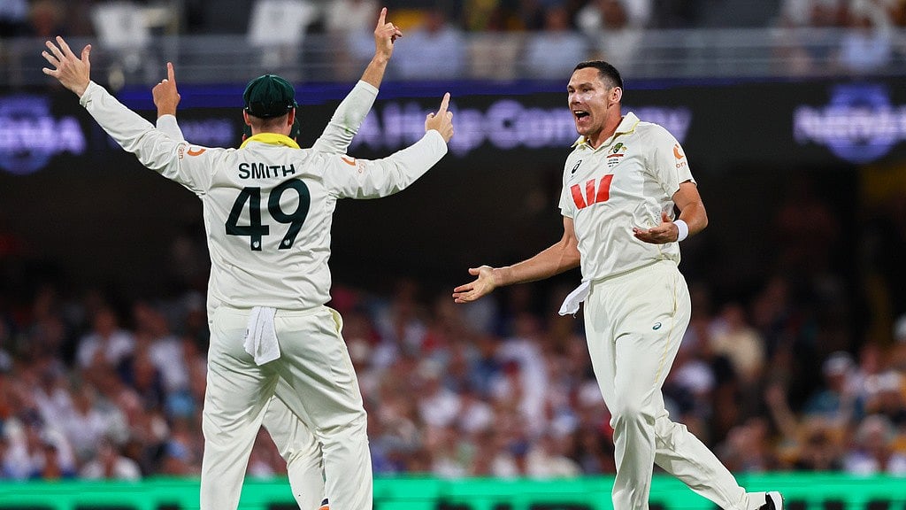 Australia's Scott Boland celebrates with teammates the wicket of England's Harry Brook during the second Ashes Test in Brisbane. - AP