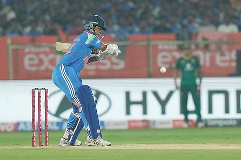 India's Yashasvi Jaiswal plays a shot during the third One Day International cricket match between India and South Africa in Visakhapatnam.
