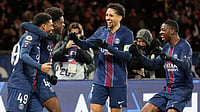 Paris Saint-Germain's players celebrate during the win over Rennes.