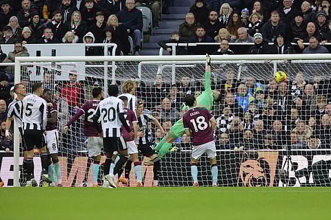 Newcastle United's Bruno Guimaraes, not pictured, scores their side's first goal  during the English Premier League soccer match between Newcastle United and Burnley in Newcastle upon Tyne, England.