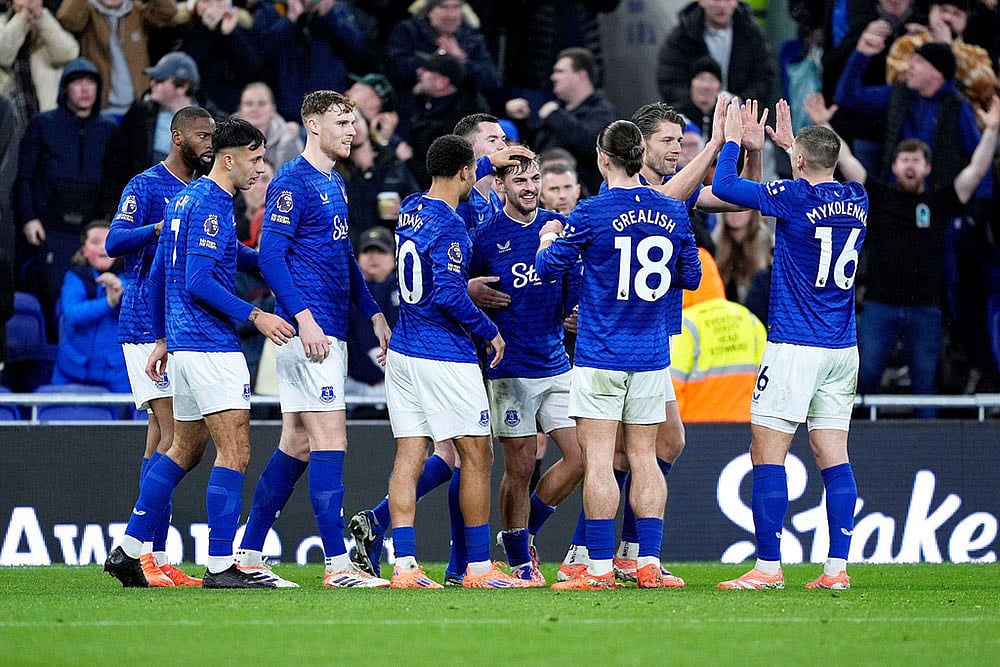 Everton's Kiernan Dewsbury-Hall, center, celebrates scoring with teammates during the English Premier League soccer match between Everton and Nottingham Forest in Liverpool, England. - | Photo: Peter Byrne/PA via AP