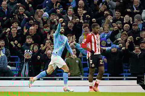 Manchester City's Josko Gvardiol celebrates after scoring his side's second goal during the English Premier League soccer match between Manchester City and Sunderland in Manchester, England.