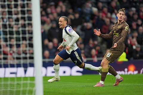 Tottenham Hotspur's Xavi Simons celebrates scoring their side's second goal during the English Premier League soccer match between Tottenham Hotspur and Brentford in London.