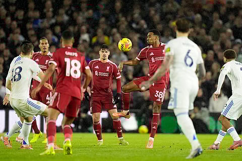 Liverpool's Ryan Gravenberch in action during the English Premier League soccer match between Leeds United and Liverpool in Leeds, England.