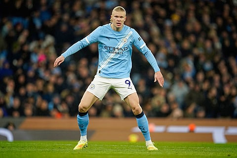 Manchester City's Erling Haaland during the English Premier League soccer match between Manchester City and Sunderland in Manchester, England.