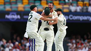 AP : AUS vs ENG 2nd Ashes Test: Australian players celebrate fall of a wicket.