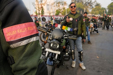 Participants during conclusion of the final leg of the motorcycle expedition 'Vijay Rally 2025 – Ride for Valour', in Kolkata. Both service riders and civilians participated in the event.