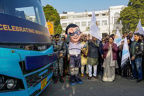 Delhi Chief Minister Rekha Gupta with Education Minister Ashish Sood and astronaut Shubhanshu Shukla during the launch of the government's 'Delhi AI Grind' initiative across all its schools, in New Delhi.