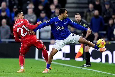 Nottingham Forest's Omari Hutchinson and Everton's Iliman Ndiaye, right, in action during the English Premier League soccer match between Everton and Nottingham Forest in Liverpool, England.