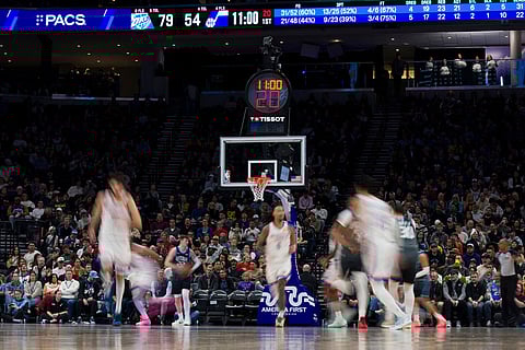The Utah Jazz shot clock malfunctions during the second half of an NBA basketball game between the Utah Jazz and the Oklahoma City Thunder in Salt Lake City.