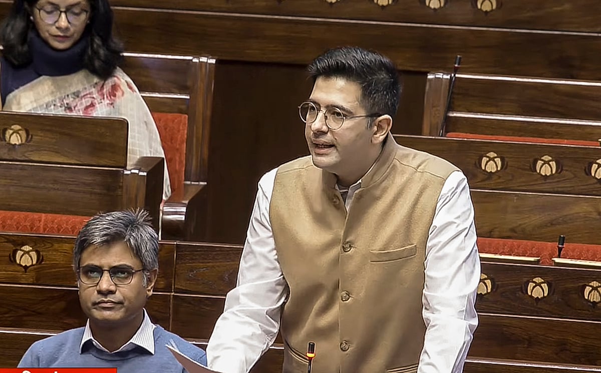AAP MP Raghav Chadha speaks in the Rajya Sabha during the Winter session of Parliament, on December 8, 2025.  - PTI