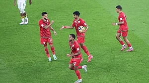 | Photo: Instagram/omanfa : Oman's Issam Al-Subhi celebrates scoring his side's first goal during the FIFA Arab Cup match against Comoros on December 8, 2025.
