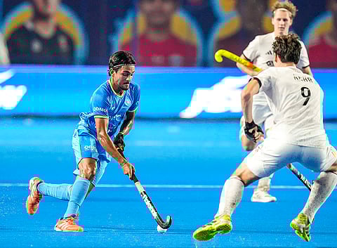 Players of India and Germany vie for the ball during the semi-final match of the FIH Hockey Men’s Junior World Cup 2025, at Mayor Radhakrishnan Hockey Stadium in Chennai.