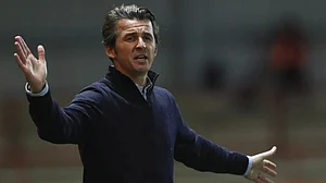 | Photo: Pool/Alex Livesay via AP : File photo of Fleetwood Town's manager Joey Barton reacting during the English League Cup third round match against Everton at the Highbury Stadium on September 23, 2020.