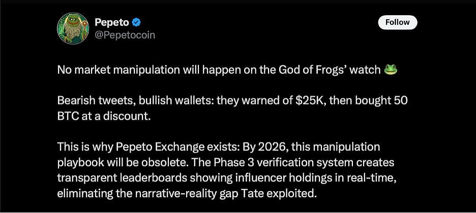 Screenshot of a tweet about the cryptocurrency Pepeto and market manipulation
