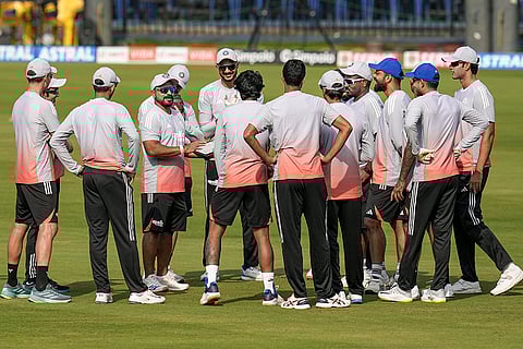 Indian team during a training session on the eve of the first T20 cricket match of a series between India and South Africa, at Barabati Stadium, in Cuttack, Odisha.