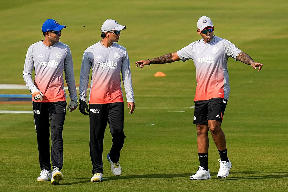 India’s captain Suryakumar Yadav, right, with Shubman Gill, left, and Abhishek Sharma during a training session on the eve of the first T20 cricket match of a series between India and South Africa, at Barabati Stadium, in Cuttack, Odisha. - | Photo: PTI/Shailendra Bhojak