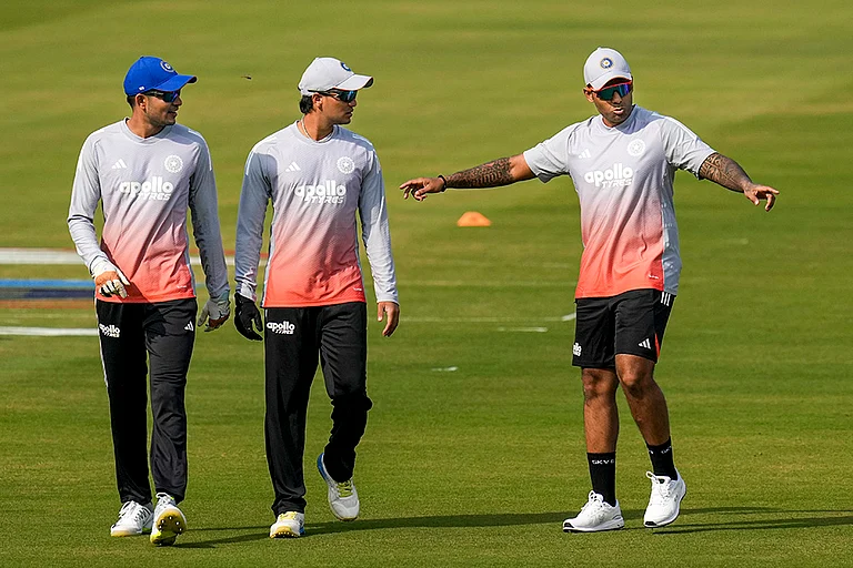 India’s captain Suryakumar Yadav, right, with Shubman Gill, left, and Abhishek Sharma during a training session on the eve of the first T20 cricket match of a series between India and South Africa, at Barabati Stadium, in Cuttack, Odisha. - | Photo: PTI/Shailendra Bhojak