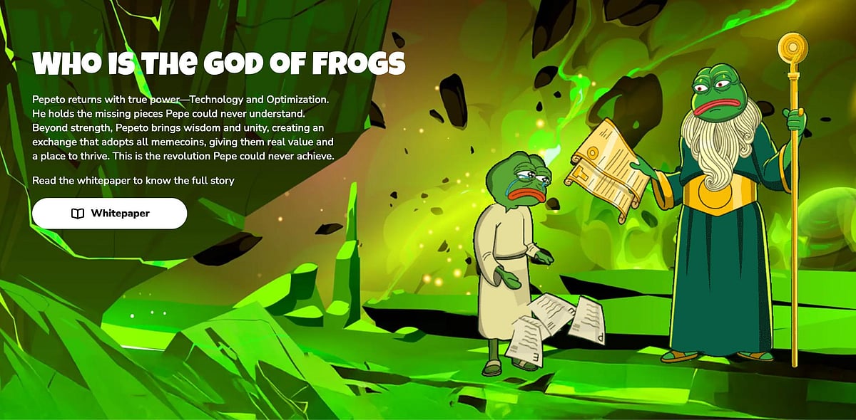 Two cartoon frogs in a green landscape with text about Pepeto and memecoins