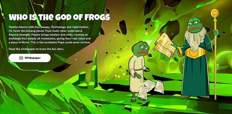 Two cartoon frogs in a green landscape with text about Pepeto and memecoins