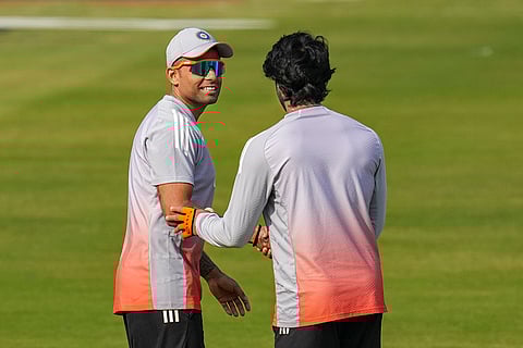 India’s captain Suryakumar Yadav, left, during a training session on the eve of the first T20 cricket match of a series between India and South Africa, at Barabati Stadium, in Cuttack, Odisha.