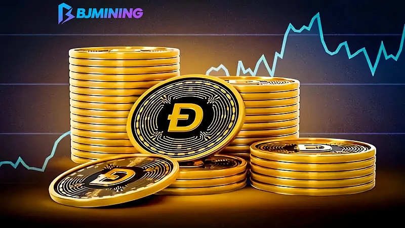 Stacks of Dogecoin coins and a trading chart