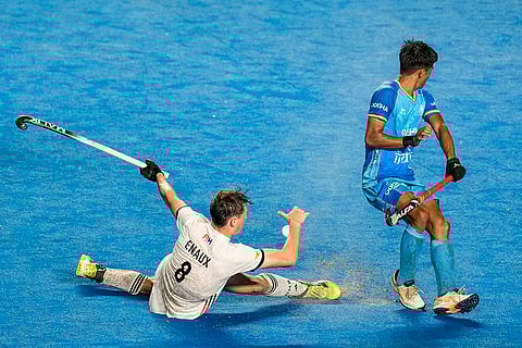 Germany's Enaux Jannik (8) vies for the ball against India during the semi-final match of the FIH Hockey Men’s Junior World Cup 2025, at Mayor Radhakrishnan Hockey Stadium in Chennai.