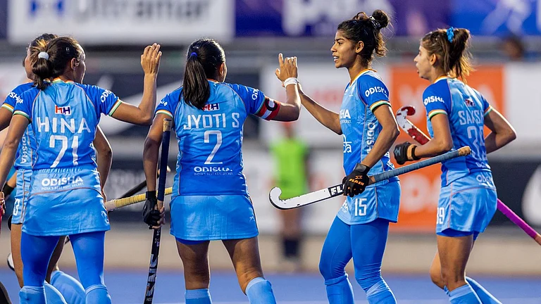 India celebrate a goal against Wales during their FIH Junior Women's Hockey World Cup match. - Hockey India