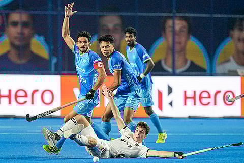 India's Luwang Thounaojam Ingalemba (13) vies for the ball against Germany during the semi-final match of the FIH Hockey Men’s Junior World Cup 2025, at Mayor Radhakrishnan Hockey Stadium in Chennai.