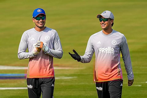 India’s Shubman Gill, left, and Abhishek Sharma during a training session on the eve of the first T20 cricket match of a series between India and South Africa, at Barabati Stadium, in Cuttack, Odisha.