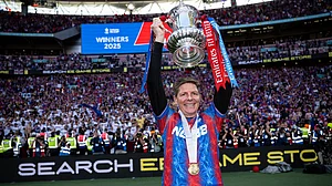 File photo of Crystal Palace manager Oliver Glasner lifting the FA Cup at Wembley Stadium.