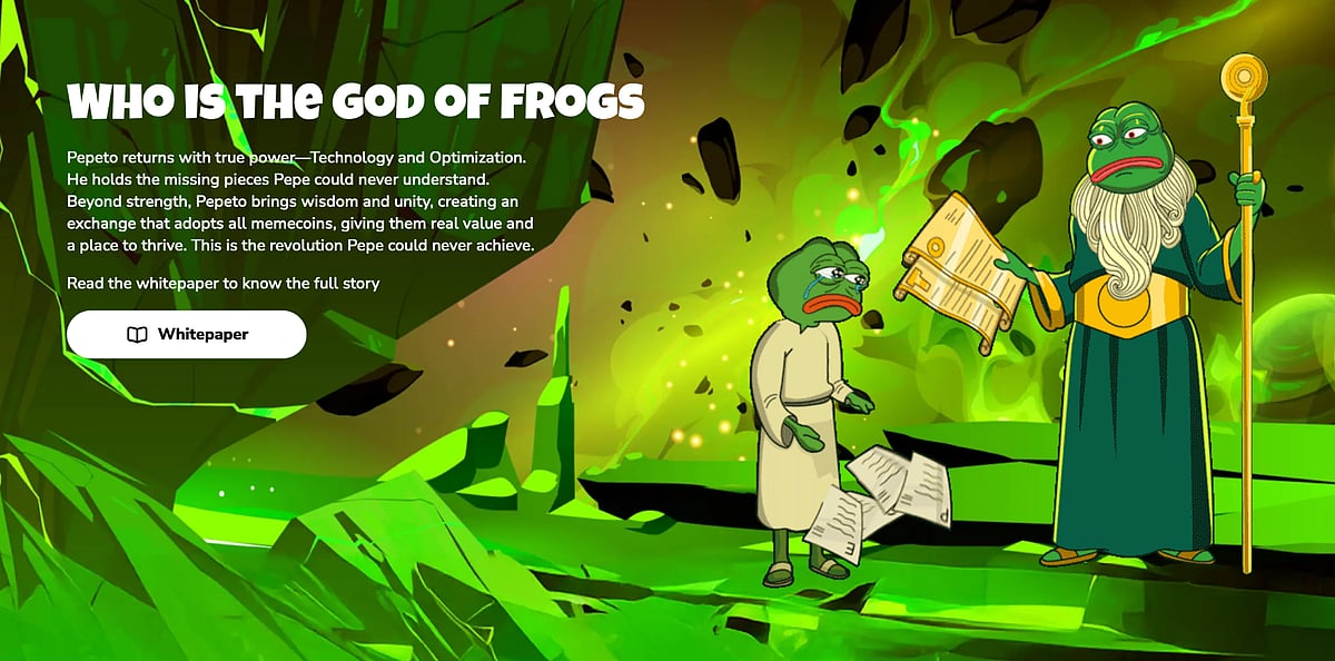 Cartoon frog characters in a green fantasy scene with text about the ‘God of Frogs.