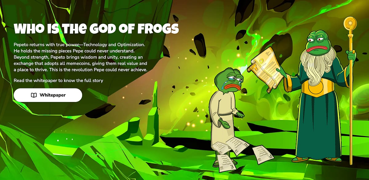 Cartoon frog characters in a green fantasy scene with text about the ‘God of Frogs.