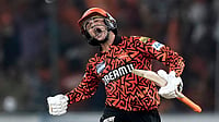 (AP Photo/Mahesh Kumar A.)
 : Abhishek Sharma celebrates after scoring a century during the Indian Premier League cricket match between Punjab Kings and Sunrisers Hyderabad at Rajiv Gandhi International Cricket Stadium in Hyderabad, India, Saturday, April 12, 2025. 
