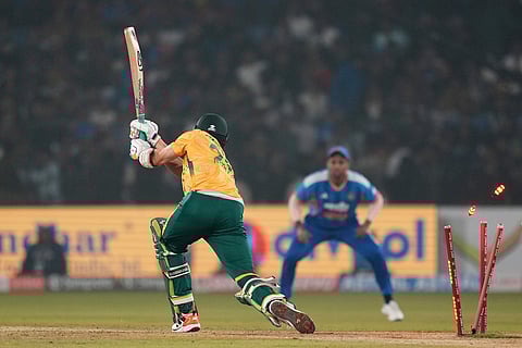 South Africa's Anrich Nortje bowled out by India's Axar Patel during the first T20 International cricket match between India and South Africa in Cuttack.