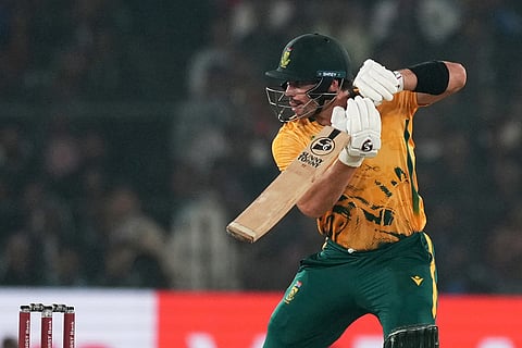 South Africa's Tristan Stubbs plays a shot during the first T20 International cricket match between India and South Africa in Cuttack.