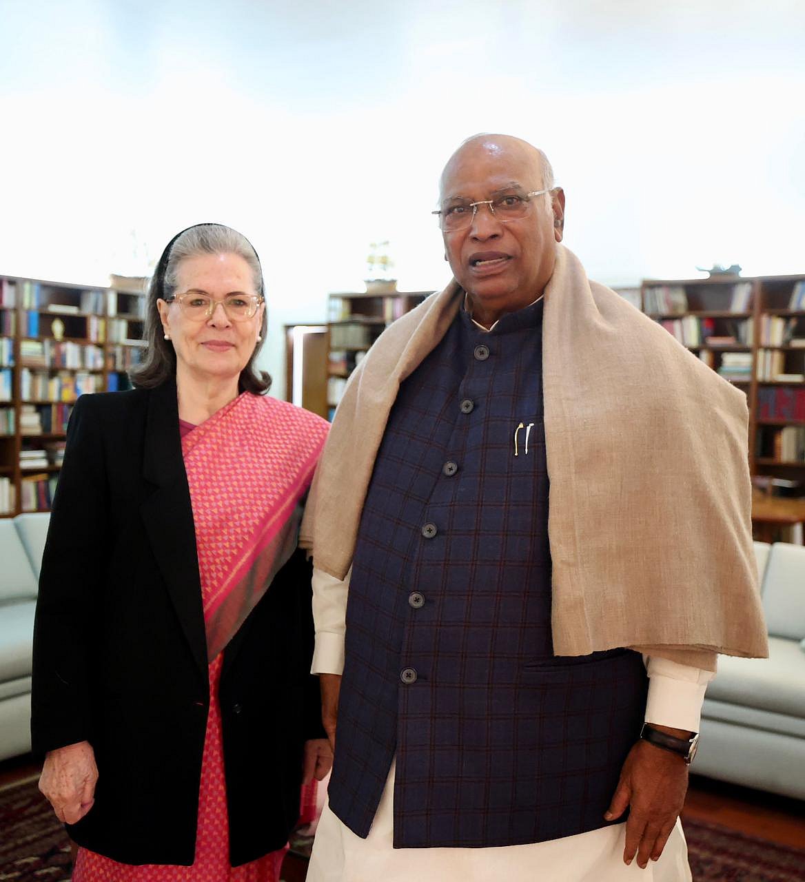 INC president Mallikarjun Kharge meets Sonia Gandhi today to wish her on 79th Birthday.  - INC: Facebook Page 