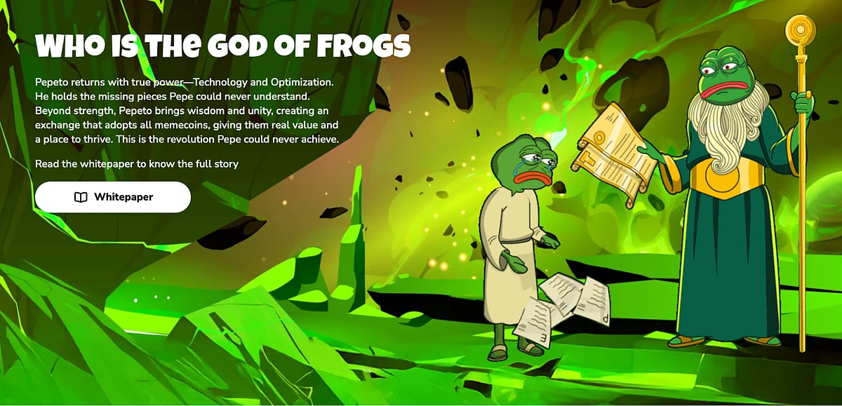 A serious Pepe the Frog wizard gives a golden tablet to a worried-looking Pepe in a white robe.