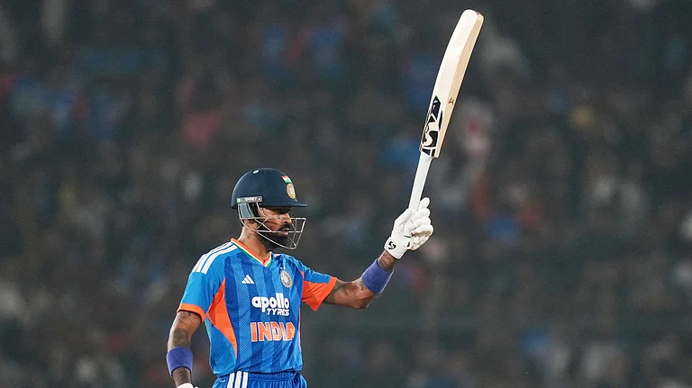 India's Hardik Pandya celebrates his fifty runs during the first T20 International cricket match between India and South Africa in Cuttack, India, Tuesday, Dec. 9, 2025. - AP Photo/Rafiq Maqbool