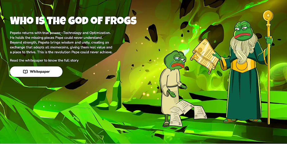 Cartoon frog characters in a green fantasy scene with text about the ‘God of Frogs.