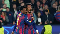 Barcelona Vs Eintracht Frankfurt Highlights, UEFA Champions League 2025-26: Kounde Brace Seals Barca’s 2-1 Win (AP Photo/Joan Monfort) : Barcelona's Jules Kounde right, celebrates with Alejandro Balde after scoring his side's second goal during the Champions League opening phase soccer match between Barcelona and Eintracht Frankfurt in Barcelona, Spain, Tuesday, Dec. 9, 2025.